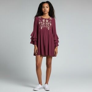 Umgee Burgundy Embroidered Floral Bird Boho Mini Dress Ruffle Bell Sleeve Small